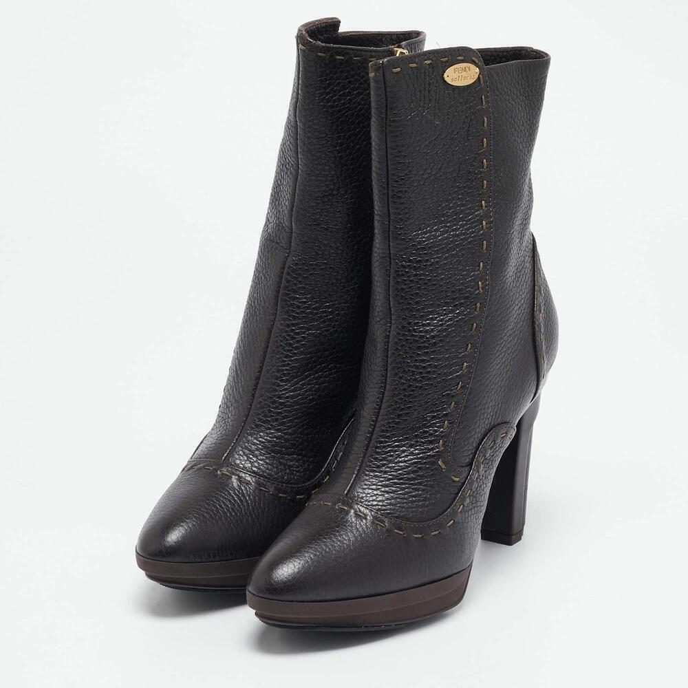 FENDI Black 37.5/7.5 Textured Leather Selleria Ankle Boots Architectural Heels - Picture 11 of 11
